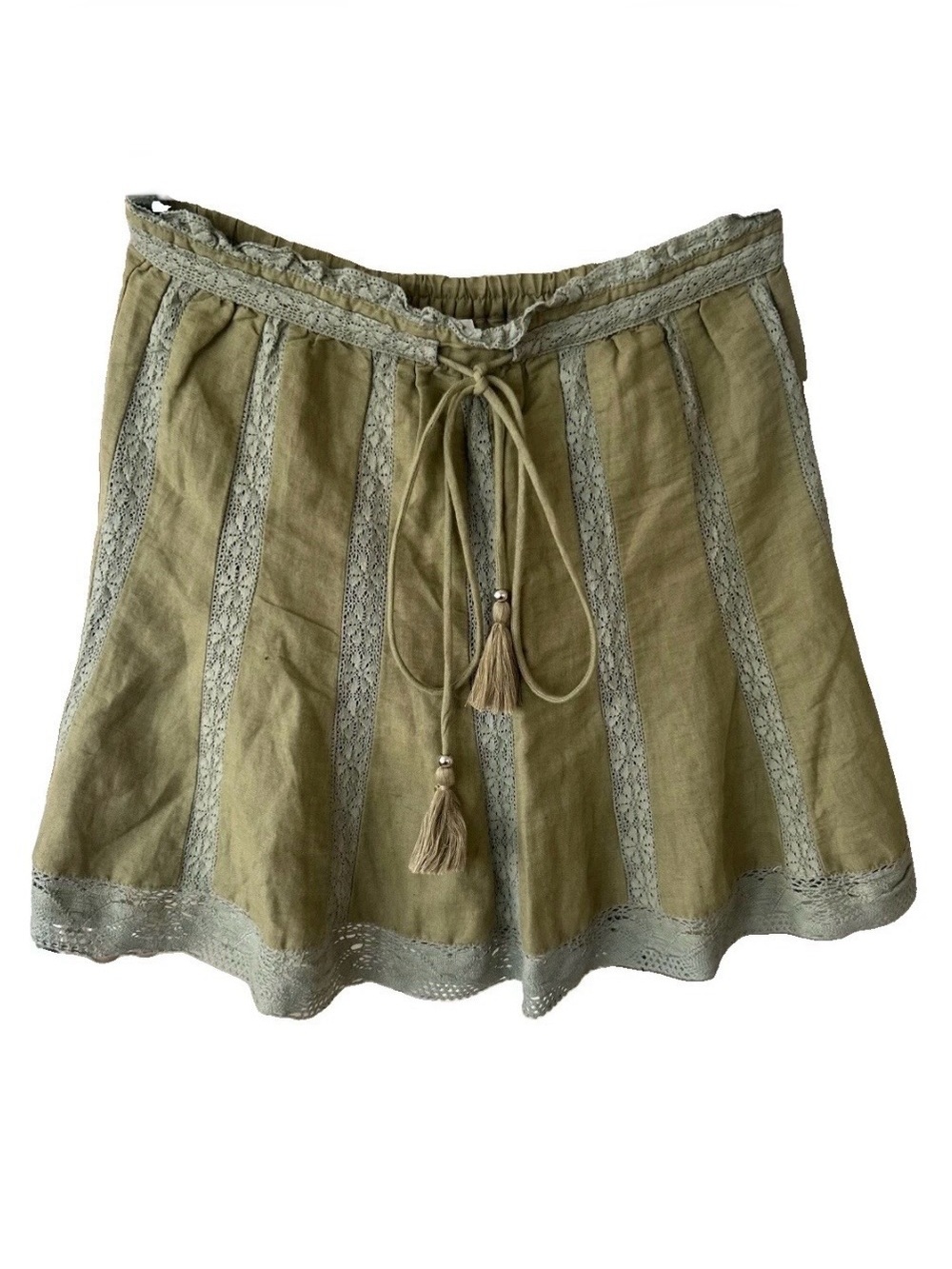 Eze Sur Mer Olive Green Linen Crochet Tassel Boho Mini Skirt M